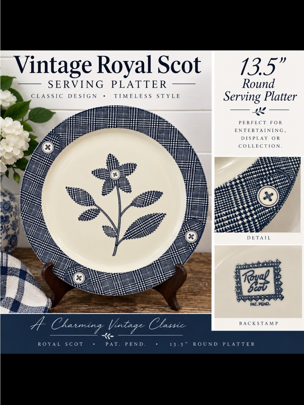 Blue and Cream Floral Serving Platter